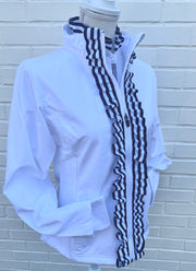 Kate Ruffled Ribbon Collar - White w Navy & White Stripe Ribbon (KT03)