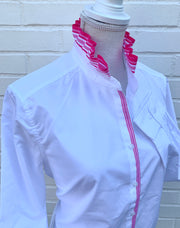 Kate Ruffled Ribbon Collar - White w Fuchsia & White Stripe Ribbon (KT02)