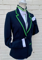 Kate Ruffled Ribbon Collar - White w Navy & Green Stripe Ribbon (KT01)