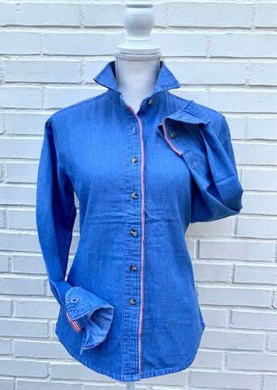 SALE - XS, XXL ONLY - Casie Striped Ribbon Denim Shirt (Casie 21) *FINAL SALE*