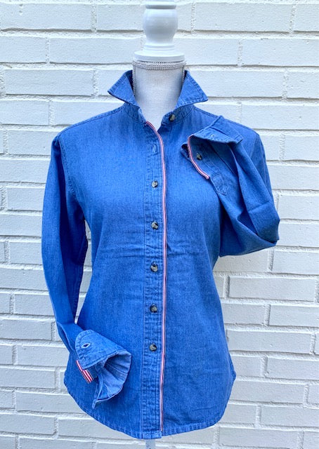 SALE - XS, XXL ONLY - Casie Striped Ribbon Denim Shirt (Casie 21) *FINAL SALE*