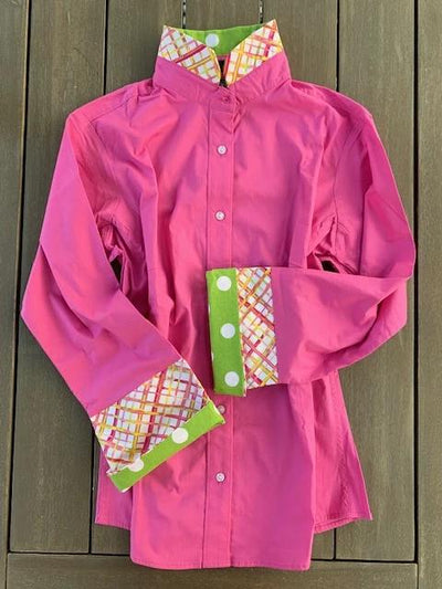 SALE S ONLY - Bell Sleeve Shirt - Pink w Green Polka Dots and Pink Plaid (B02)  **FINAL SALE**