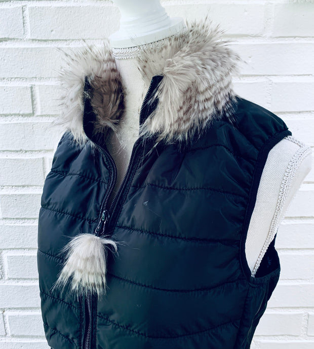 Blondie Black Puffer Vest w Faux Silver Fox Fur (PFF Black 2)