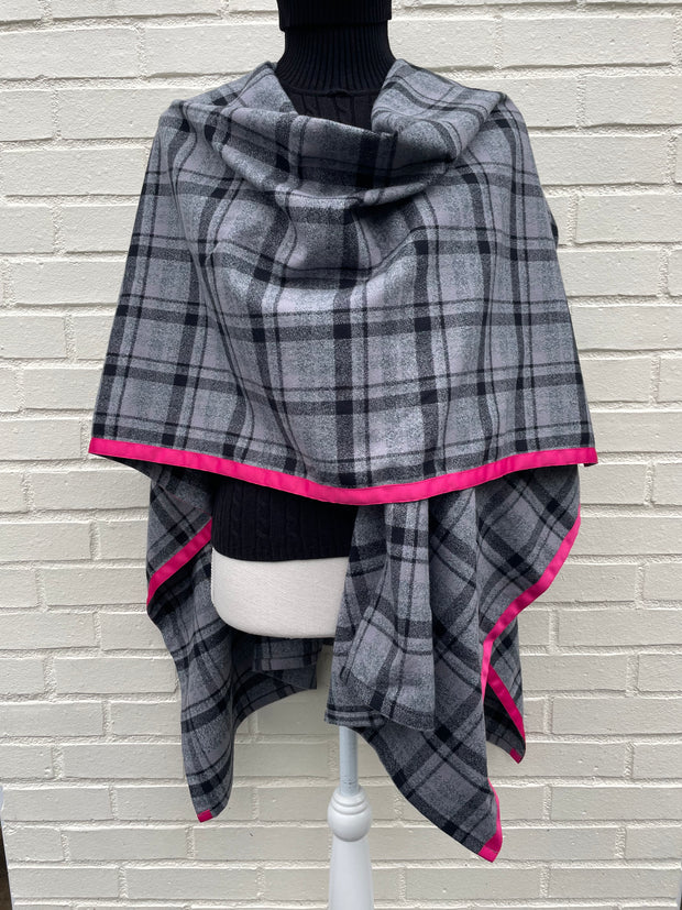 Cotton Cape in Grey Plaid with Pink Ribbon (Cape 03)