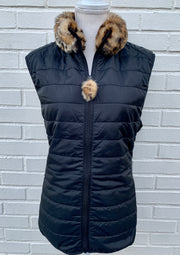 SALE - XS, M ONLY - Blondie Black Puffer Vest w Faux Cheetah Fur (PFF Black 3) *FINAL SALE*