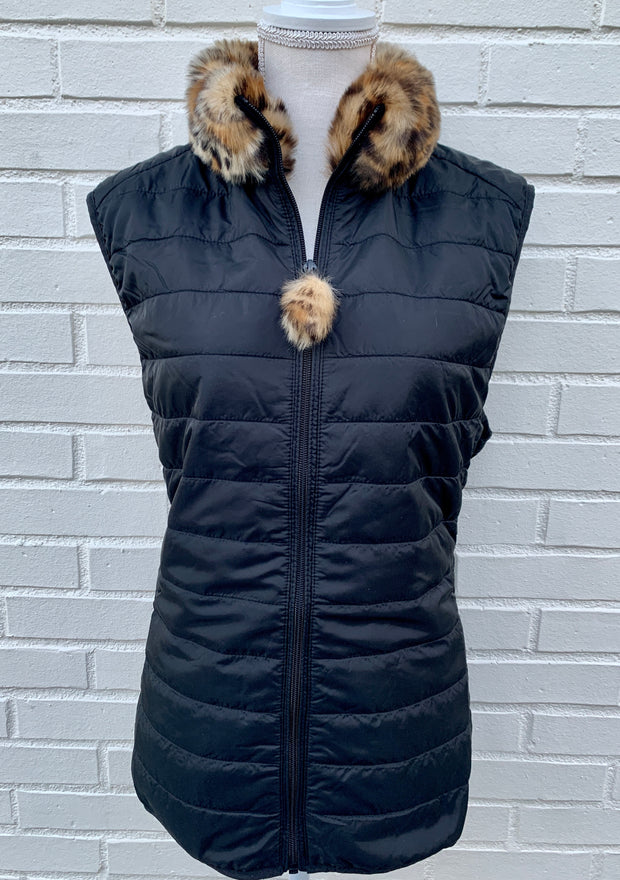 SALE - XS, M ONLY - Blondie Black Puffer Vest w Faux Cheetah Fur (PFF Black 3) *FINAL SALE*