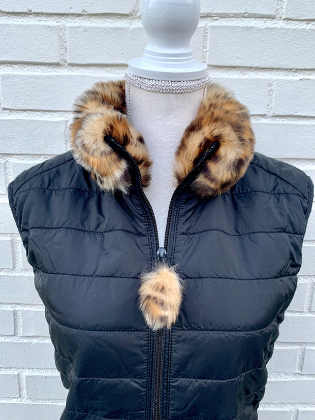 SALE - XS, M ONLY - Blondie Black Puffer Vest w Faux Cheetah Fur (PFF Black 3) *FINAL SALE*