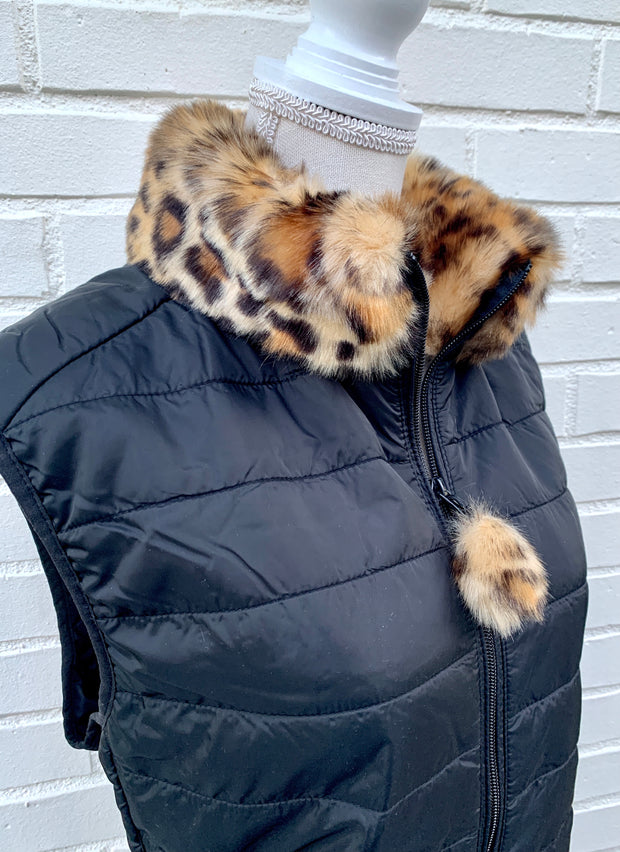 SALE - XS, M ONLY - Blondie Black Puffer Vest w Faux Cheetah Fur (PFF Black 3) *FINAL SALE*