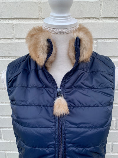 SALE - XL ONLY - Blondie Navy Puffer Vest w Faux Brown Fur (PFF Navy) *FINAL SALE*