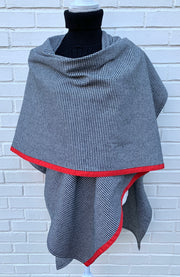 Cotton Cape in Black & White Houndstooth with Red Ribbon (Cape 02)