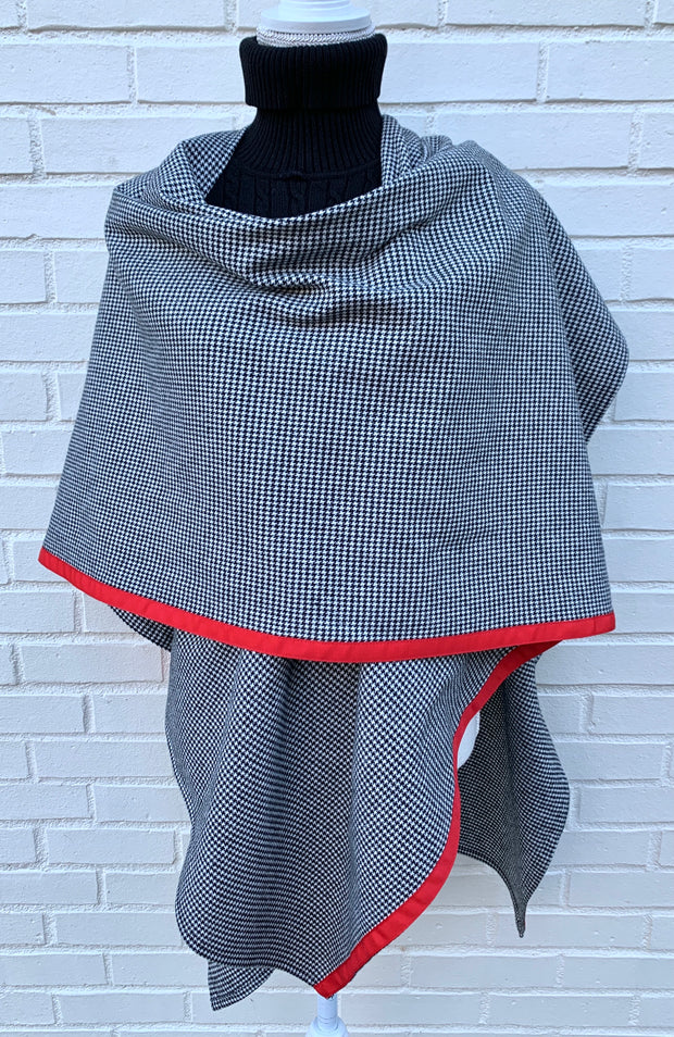 Cotton Cape in Black & White Houndstooth with Red Ribbon (Cape 02)