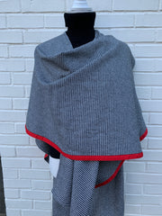 Cotton Cape in Black & White Houndstooth with Red Ribbon (Cape 02)