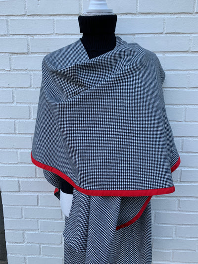 Cotton Cape in Black & White Houndstooth with Red Ribbon (Cape 02)