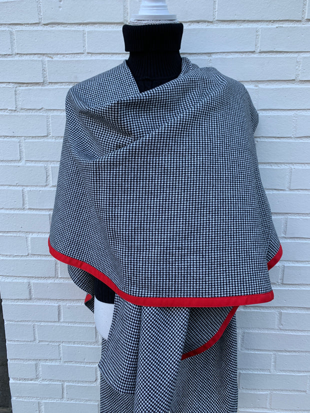 Cotton Cape in Black & White Houndstooth with Red Ribbon (Cape 02)
