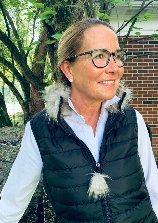 Blondie Black Puffer Vest w Faux Silver Fox Fur (PFF Black 2)