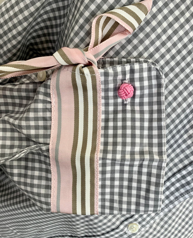 SALE - XL ONLY - Audrey Grey Gingham Ribbon French Cuff Shirt  (RFC22) *FINAL SALE*