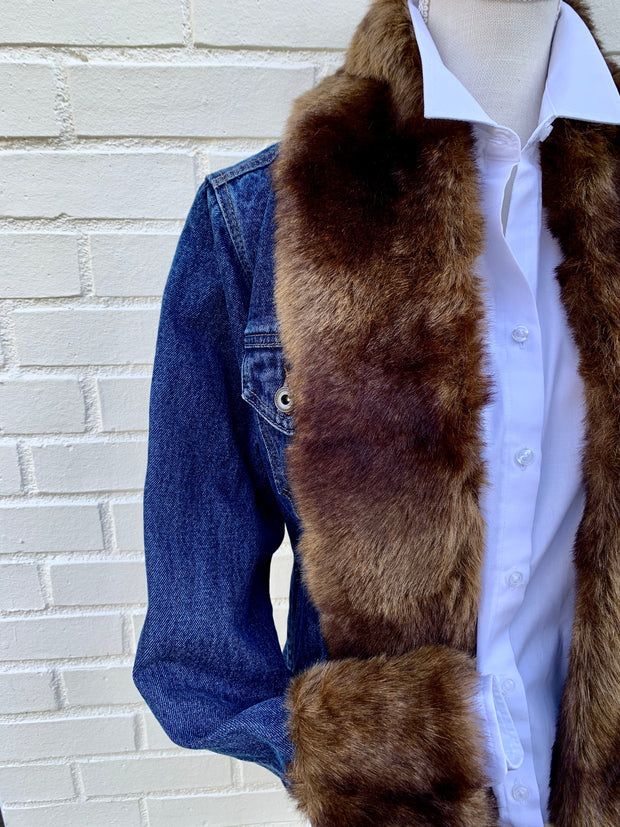 Belle Brown Mink Faux Fur Denim Jacket
