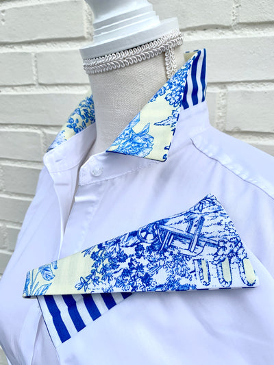 SALE XS ONLY - Elizabeth 3/4 Sleeve White w Toile and Blue Stripe (3416)  **FINAL SALE**