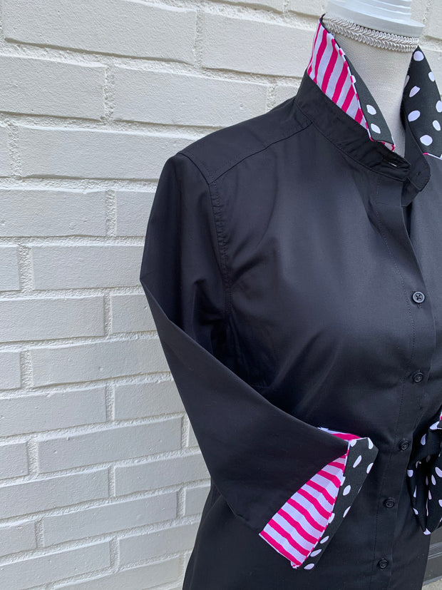 Elizabeth 3/4 Sleeve Black w Black Polka Dot and Pink Stripe (3407)