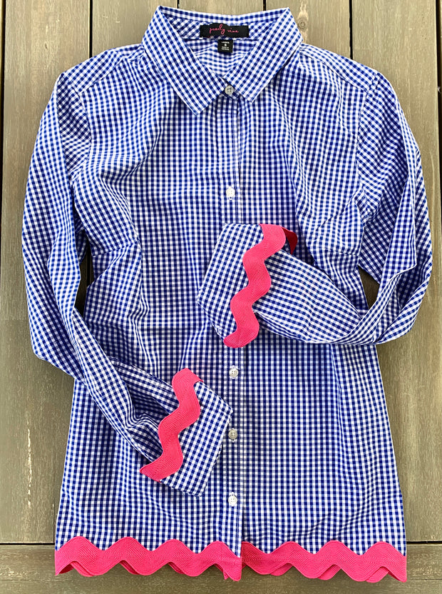 Bridget Gingham Ric Rac Shirt (GRR Royal-Pink)
