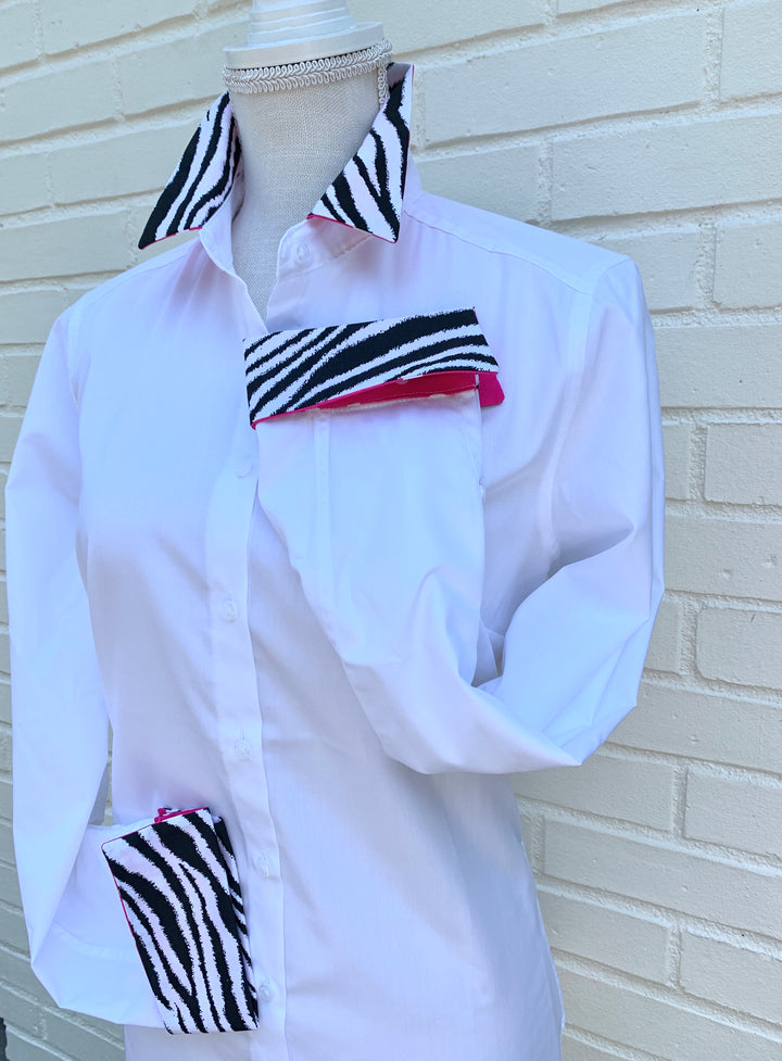SALE - S ONLY - Diana French Cuff White w Zebra / Pink  (DFC06) *FINAL SALE*
