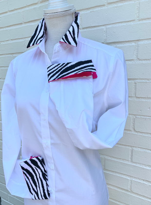 SALE - S ONLY - Diana French Cuff White w Zebra / Pink  (DFC06) *FINAL SALE*