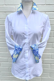 SALE XS ONLY - Elizabeth 3/4 Sleeve White w Toile and Blue Stripe (3416)  **FINAL SALE**