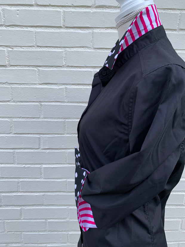 SALE - XS ONLY - Elizabeth 3/4 Sleeve Black w Black Polka Dot and Pink Stripe (3407) *FINAL SALE*