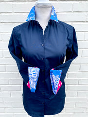 Elizabeth 3/4 Sleeve Navy w Blue Toile and Pink Polka Dot (3415)
