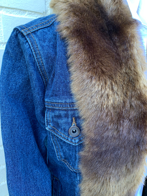 Belle Brown Mink Faux Fur Denim Jacket