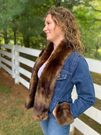 Belle Brown Mink Faux Fur Denim Jacket