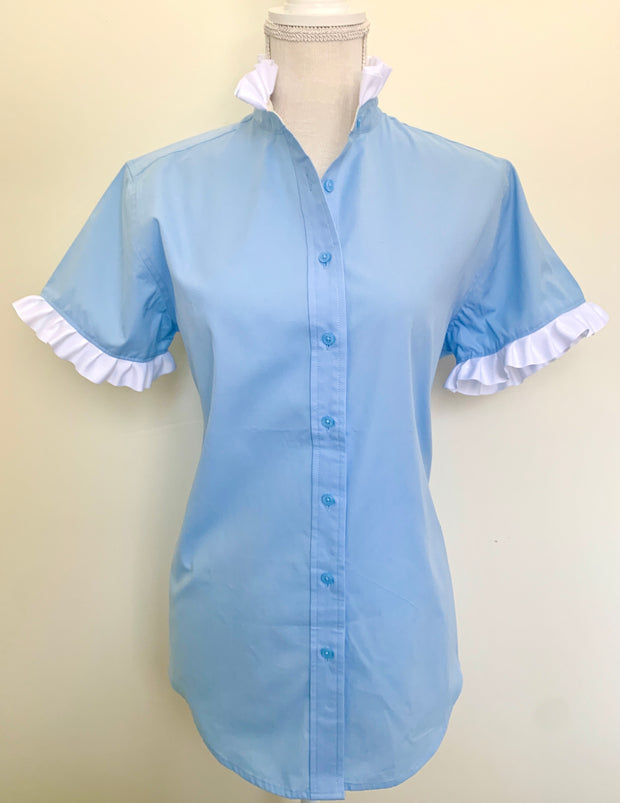 SALE Jane Sky Blue Short Sleeve Ruffle Shirt (J03)  **FINAL SALE**