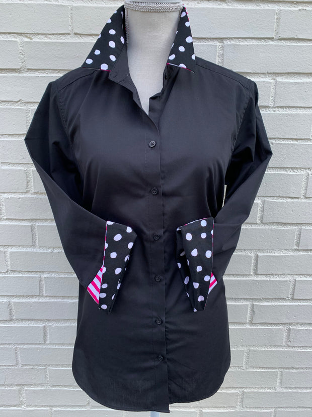 Elizabeth 3/4 Sleeve Black w Black Polka Dot and Pink Stripe (3407)