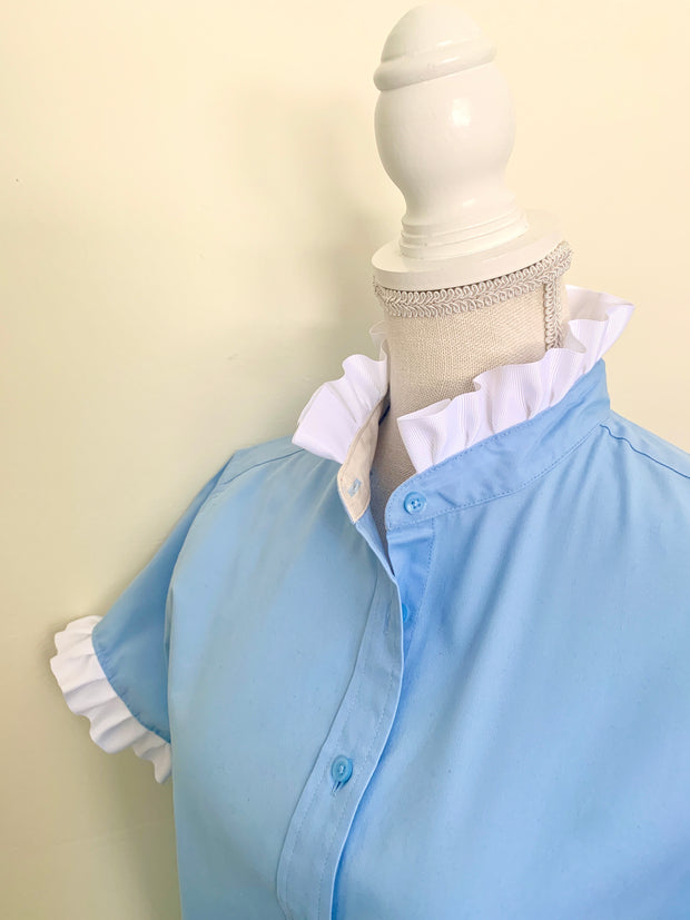 SALE Jane Sky Blue Short Sleeve Ruffle Shirt (J03)  **FINAL SALE**