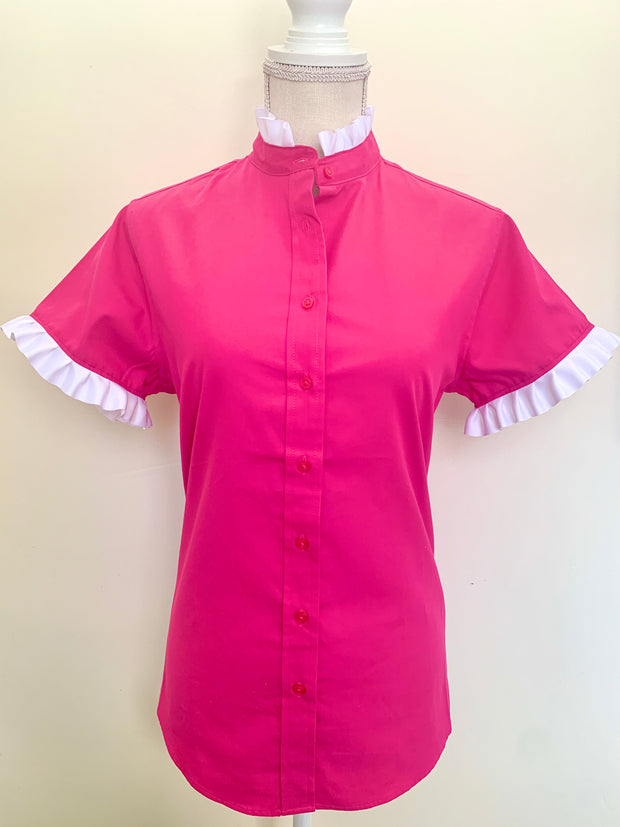 SALE - S ONLY - Jane Fuchsia Short Sleeve Ruffle Shirt (J04) *FINAL SALE*